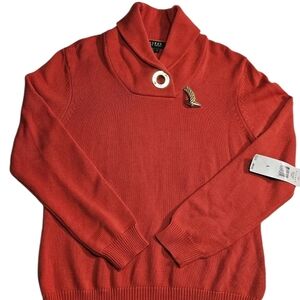 New Ralph Lauren Sweater Womens Size Large Papaya Orange 100% Cotton Gold Accent